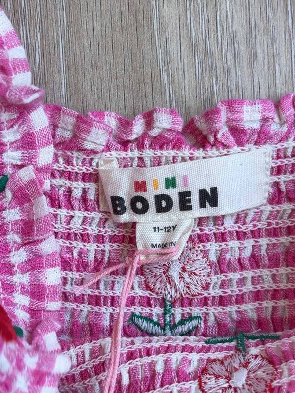 NWT Mini Boden Pink Gingham Smocked Tank & Floral-Embroidered Set Size 11/12